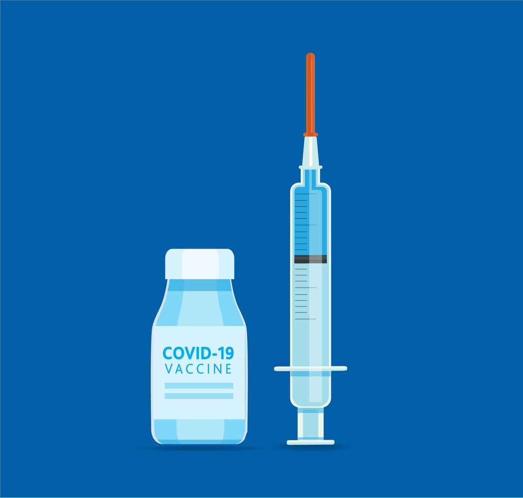 Covid-19 flu virus vaccine syringe and bottle Icon on blue background